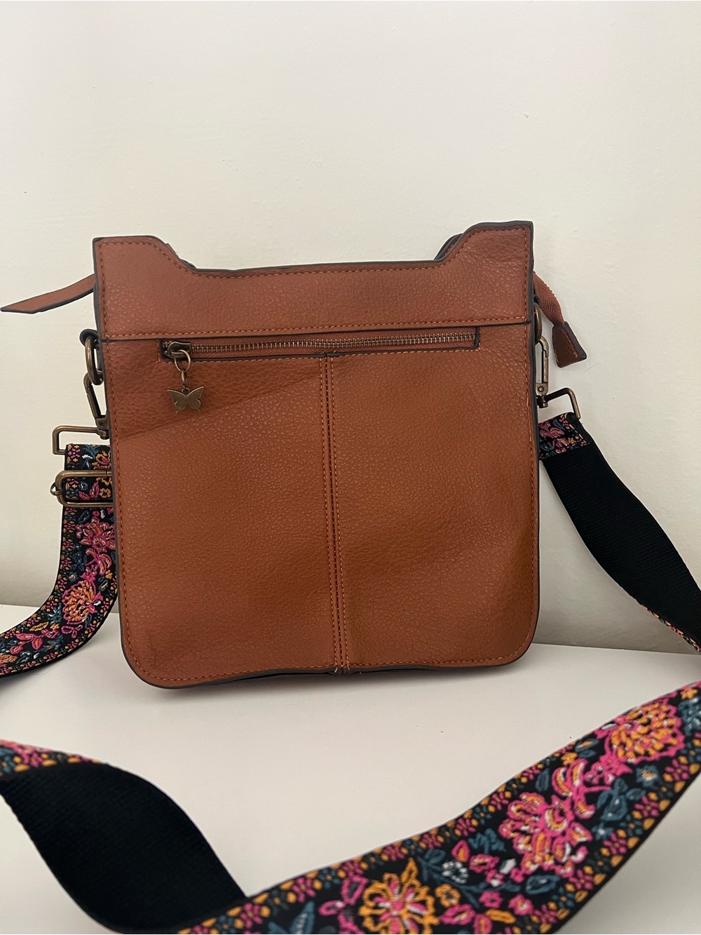 Tan Crossbody Bag with Floral Adjustable Strap